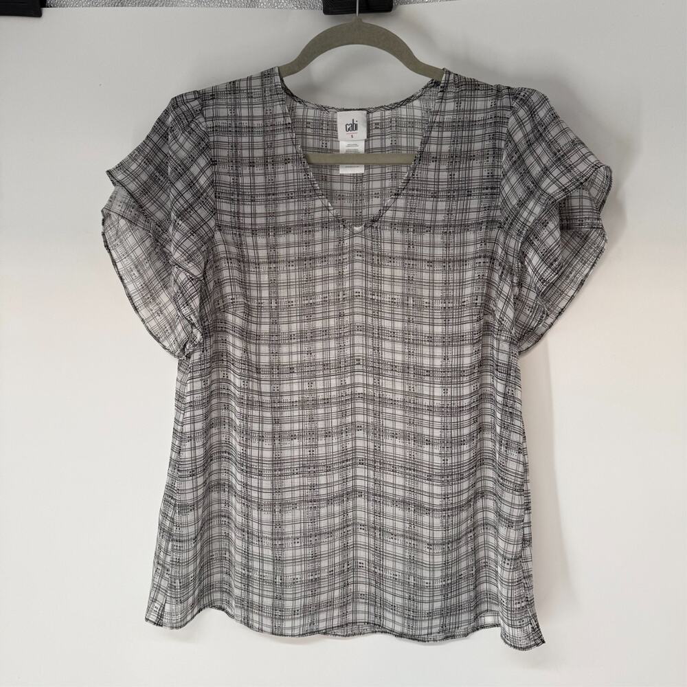 CAbi Agenda Top Blouse Womens S White Black Plaid Sheer Flutter Ruffle Sleeve